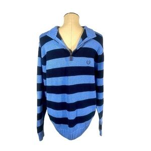 CHAPS- Mens Size Large Quarter Zip Pullover Striped Sweater Navy Blue/Light Blue